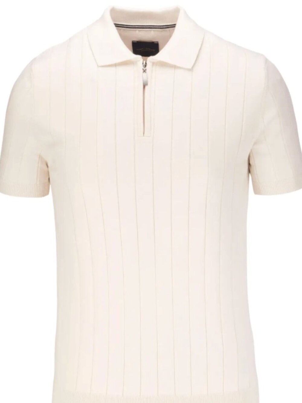Guide London Cream Wide Rib Knit Quarter Zip Short Sleeve Polo